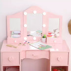 Toilette con specchio, tavolo da trucco per bambini 2-in-1 in legno con sgabello e cassetto