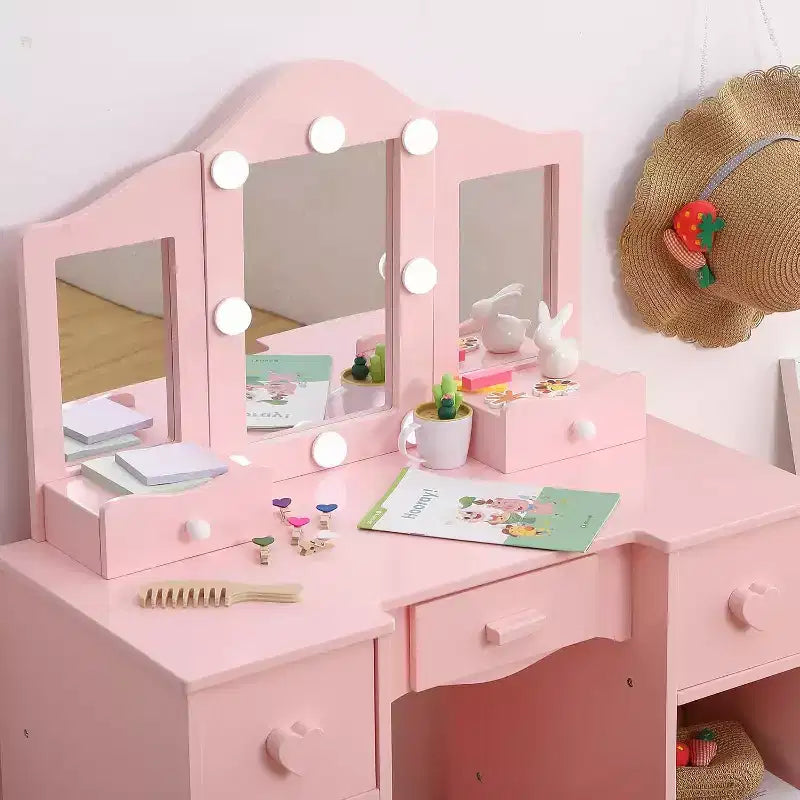 Toilette con specchio, tavolo da trucco per bambini 2-in-1 in legno con sgabello e cassetto