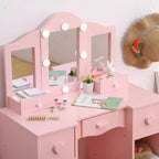 Toilette con specchio, tavolo da trucco per bambini 2-in-1 in legno con sgabello e cassetto