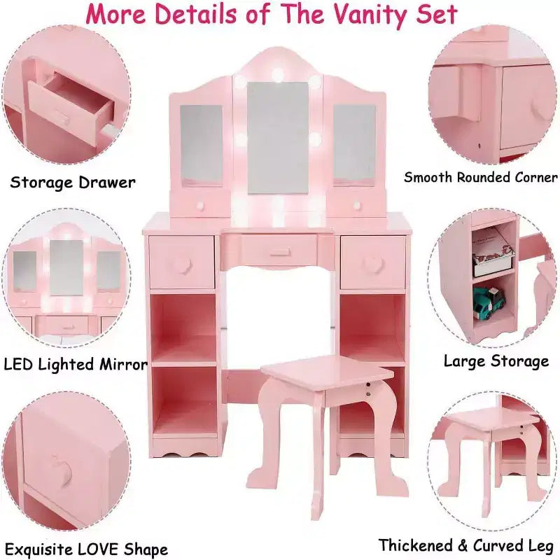Toilette con specchio, tavolo da trucco per bambini 2-in-1 in legno con sgabello e cassetto