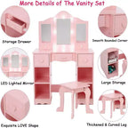 Toilette con specchio, tavolo da trucco per bambini 2-in-1 in legno con sgabello e cassetto