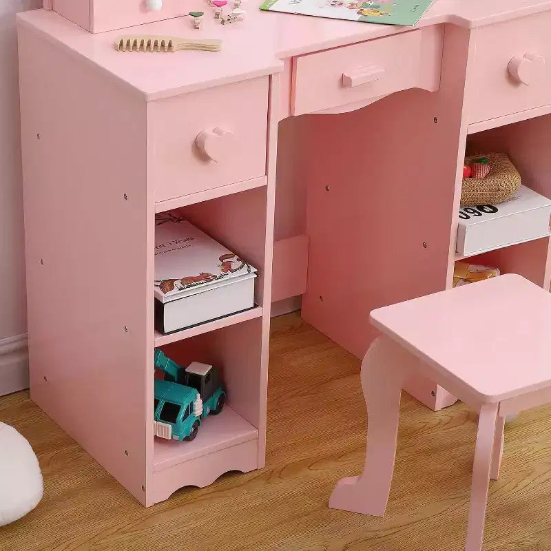 Toilette con specchio, tavolo da trucco per bambini 2-in-1 in legno con sgabello e cassetto