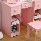 Toilette con specchio, tavolo da trucco per bambini 2-in-1 in legno con sgabello e cassetto