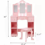 Toilette con specchio, tavolo da trucco per bambini 2-in-1 in legno con sgabello e cassetto