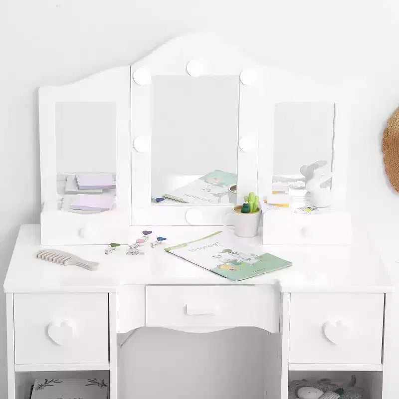 Toilette con specchio, tavolo da trucco per bambini 2-in-1 in legno con sgabello e cassetto