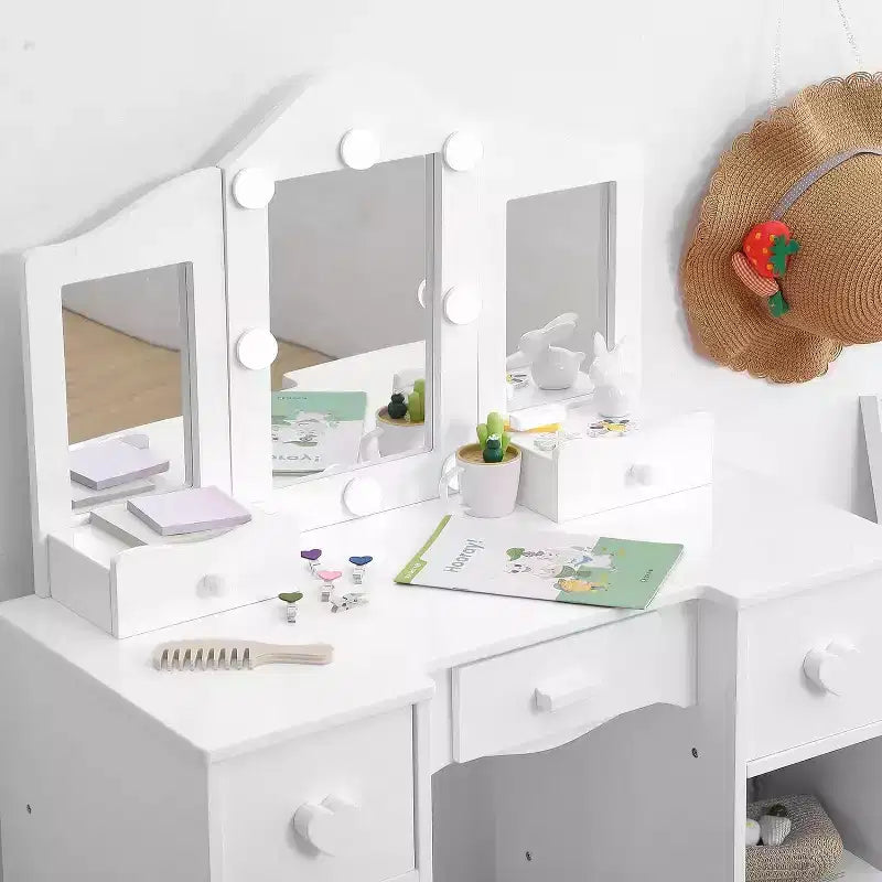 Toilette con specchio, tavolo da trucco per bambini 2-in-1 in legno con sgabello e cassetto