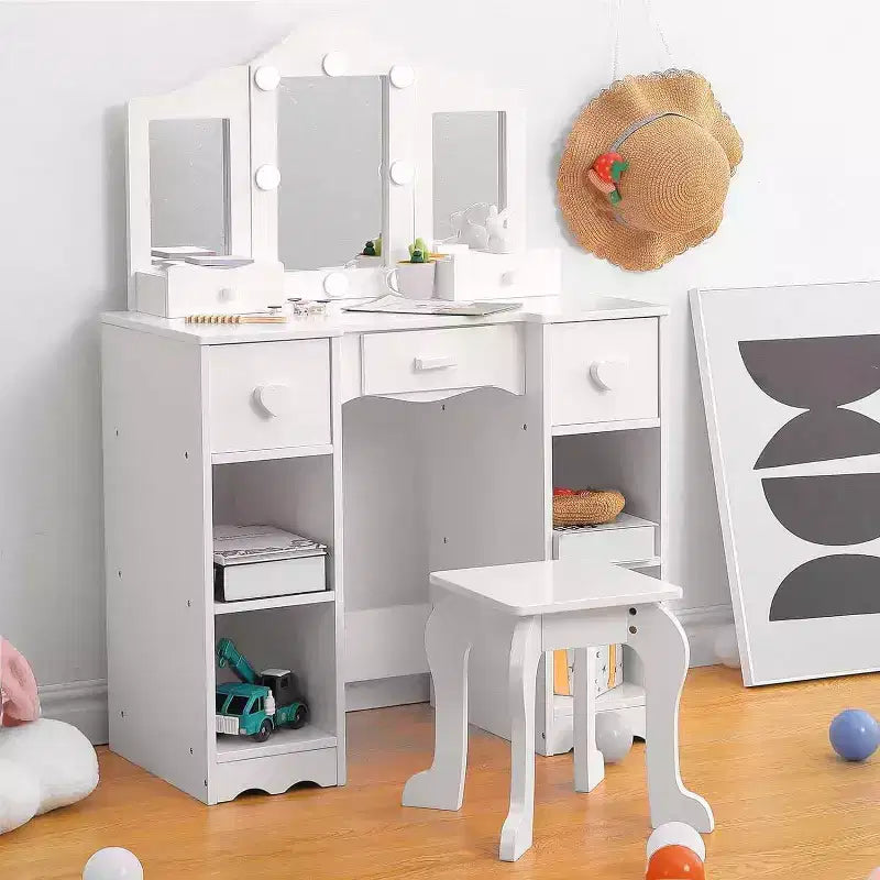 Toilette con specchio, tavolo da trucco per bambini 2-in-1 in legno con sgabello e cassetto