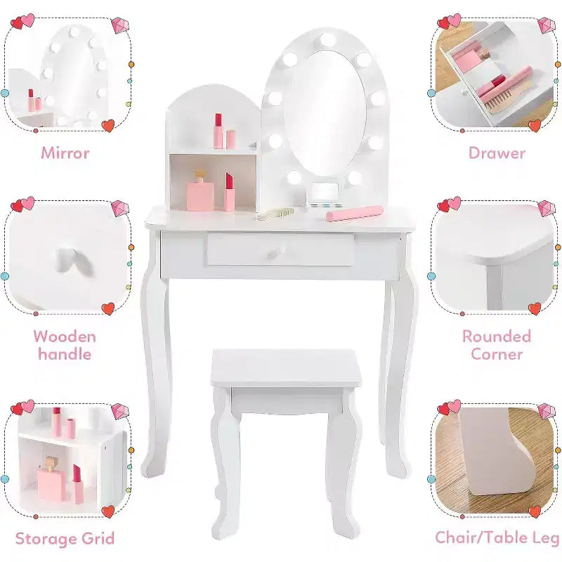 Toeletta con specchio illuminato touch e sgabello, scrivania e sedia giocattolo per ragazze