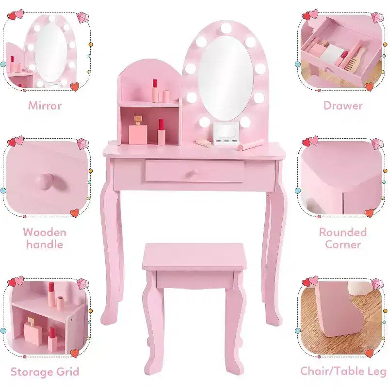 Toeletta con specchio illuminato touch e sgabello, scrivania e sedia giocattolo per ragazze