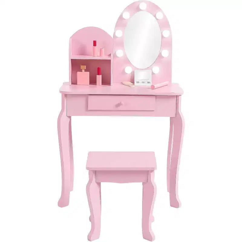Toeletta con specchio illuminato touch e sgabello, scrivania e sedia giocattolo per ragazze