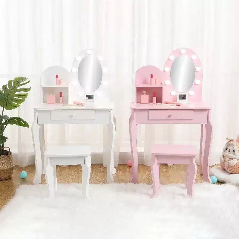 Toeletta con specchio illuminato touch e sgabello, scrivania e sedia giocattolo per ragazze