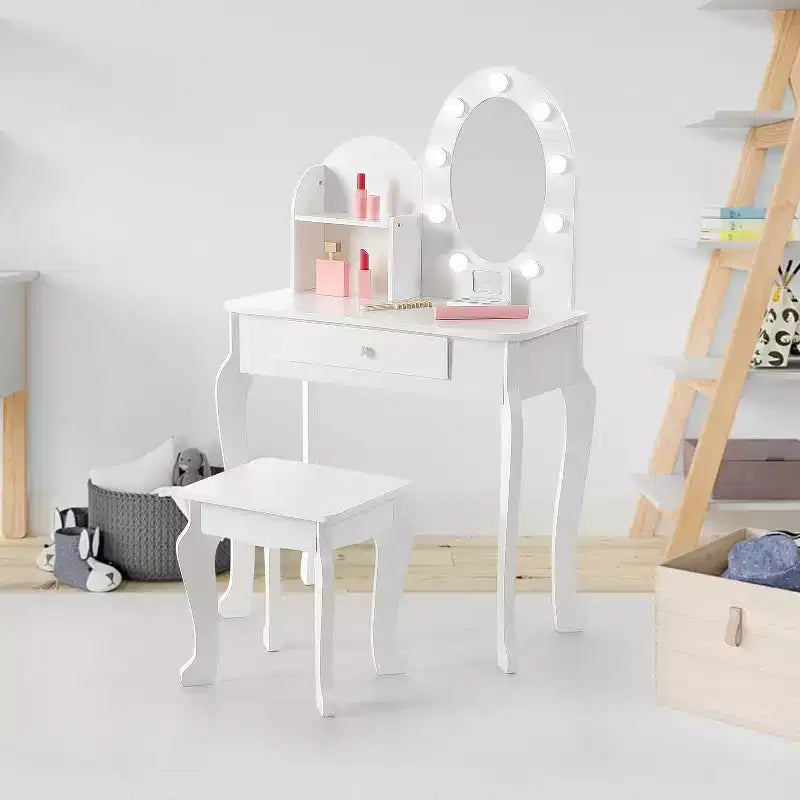Toeletta con specchio illuminato touch e sgabello, scrivania e sedia giocattolo per ragazze