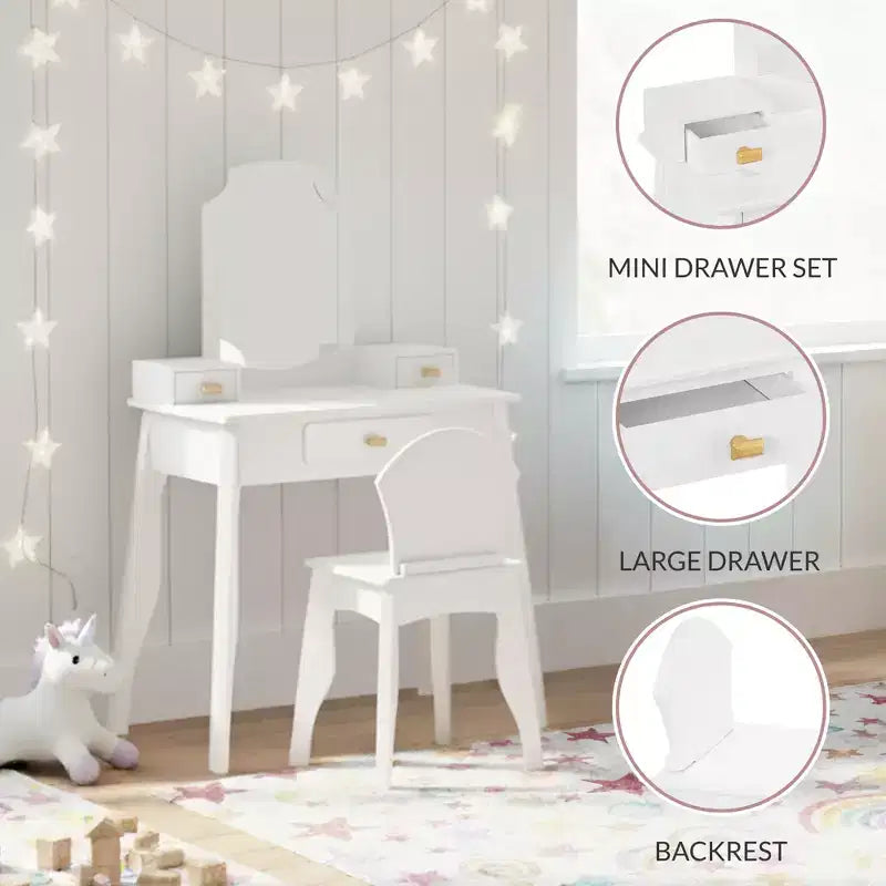 Toeletta e sedia in legno per bambini con specchio - Tavolo per il trucco per bambine con 3 cassetti