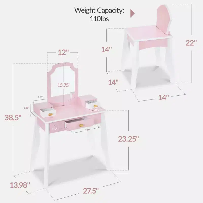 Toeletta e sedia in legno per bambini con specchio - Tavolo per il trucco per bambine con 3 cassetti