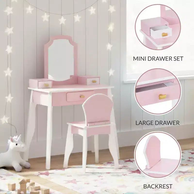 Toeletta e sedia in legno per bambini con specchio - Tavolo per il trucco per bambine con 3 cassetti