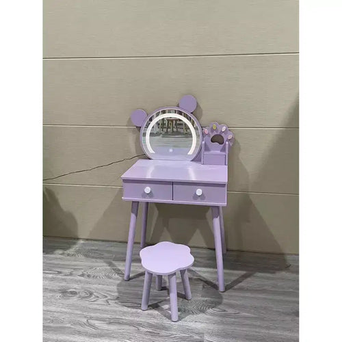 Specchio a forma di orsetto con manici a forma di zampa d'orso Toeletta per bambini con 2 cassetti Sgabello a fantasia floreale Specchio a tre colori attivabile al tocco Bianco