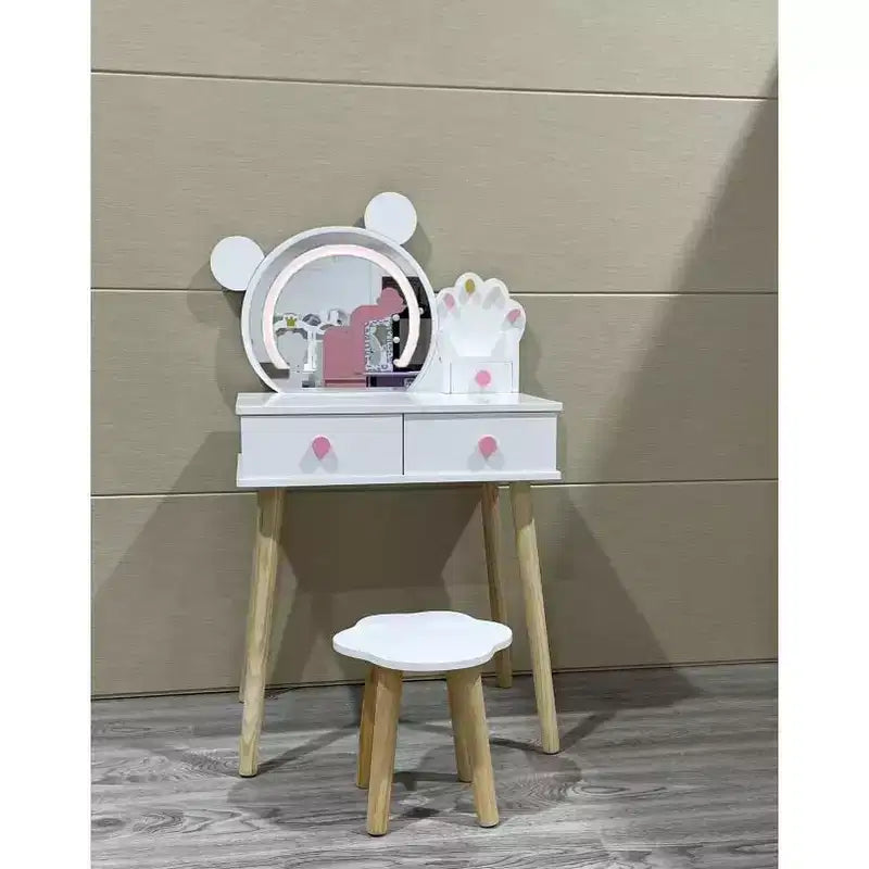 Specchio a forma di orsetto con manici a forma di zampa d'orso Toeletta per bambini con 2 cassetti Sgabello a fantasia floreale Specchio a tre colori attivabile al tocco Bianco