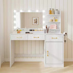 Toeletta da trucco con specchio e luci, tavolo da trucco bianco con stazione di ricarica, 3 cassetti, 2 scomparti, 1 armadietto e ripiani aperti, per donne e ragazze