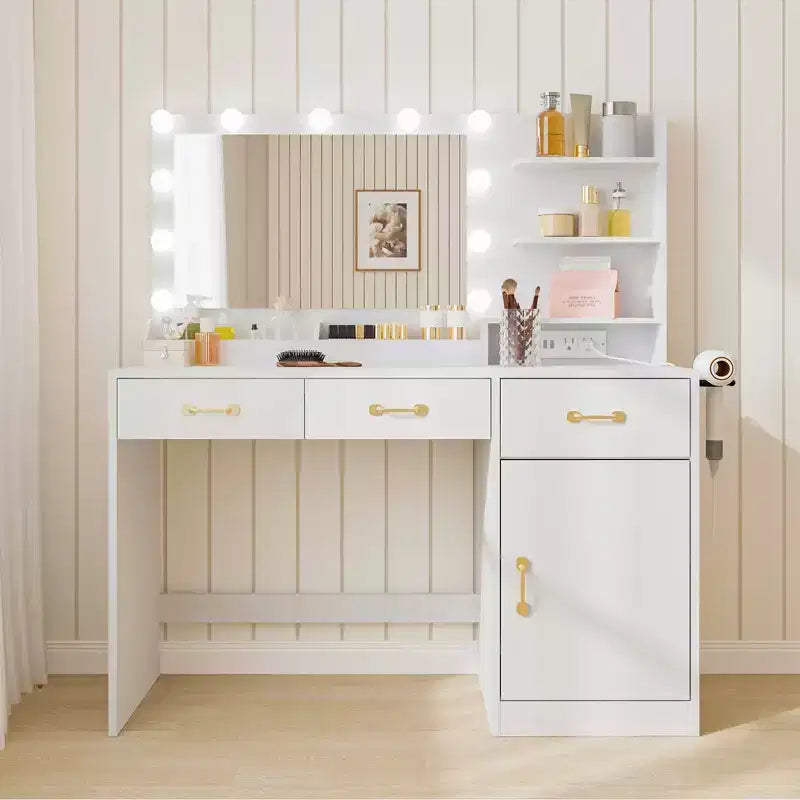 Toeletta da trucco con specchio e luci, tavolo da trucco bianco con stazione di ricarica, 3 cassetti, 2 scomparti, 1 armadietto e ripiani aperti, per donne e ragazze