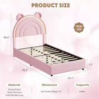 Letto matrimoniale Princess con 4 cassetti contenitori e luce, letto a piattaforma imbottito in velluto, testiera arcobaleno, adatto per bambini, grigio