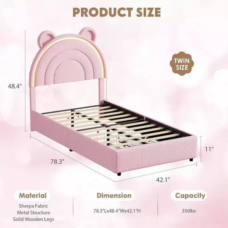 Letto matrimoniale Princess con 4 cassetti contenitori e luce, letto a piattaforma imbottito in velluto, testiera arcobaleno, adatto per bambini, grigio
