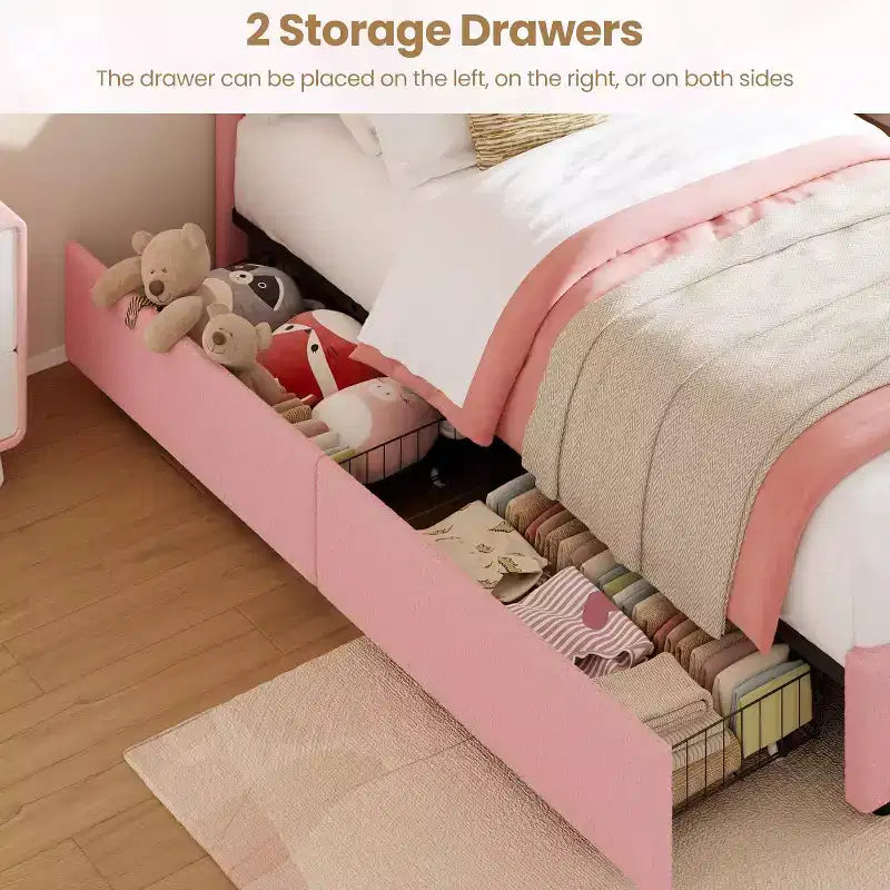 Letto matrimoniale Princess con 4 cassetti contenitori e luce, letto a piattaforma imbottito in velluto, testiera arcobaleno, adatto per bambini, grigio