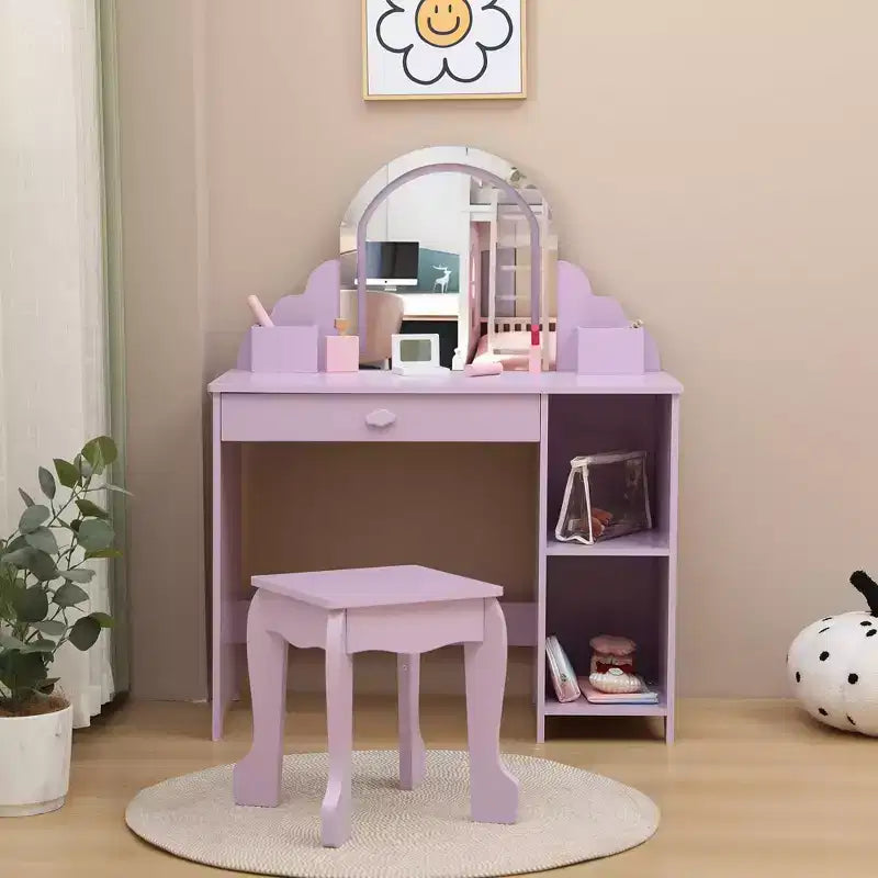 Toeletta per bambini con specchio, tavolo da trucco da principessa con sgabello, cassetto, mensole e scomparti, tavolino da toeletta in legno per bambine