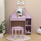 Toeletta per bambini con specchio, tavolo da trucco da principessa con sgabello, cassetto, mensole e scomparti, tavolino da toeletta in legno per bambine