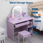 Toeletta per bambini con specchio, tavolo da trucco da principessa con sgabello, cassetto, mensole e scomparti, tavolino da toeletta in legno per bambine