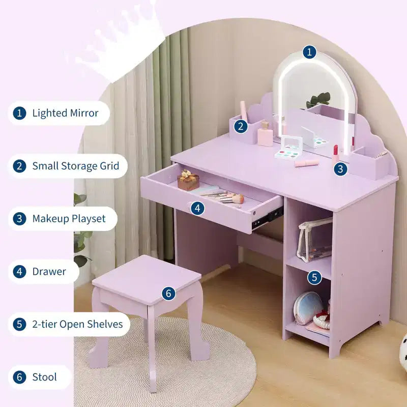 Toeletta per bambini con specchio, tavolo da trucco da principessa con sgabello, cassetto, mensole e scomparti, tavolino da toeletta in legno per bambine