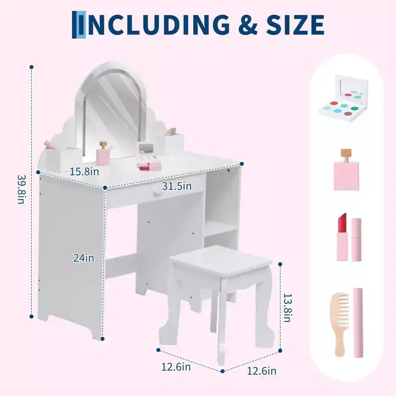 Toeletta per bambini con specchio, tavolo da trucco da principessa con sgabello, cassetto, mensole e scomparti, tavolino da toeletta in legno per bambine