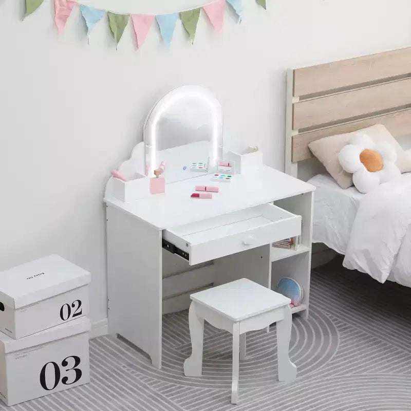 Toeletta per bambini con specchio, tavolo da trucco da principessa con sgabello, cassetto, mensole e scomparti, tavolino da toeletta in legno per bambine
