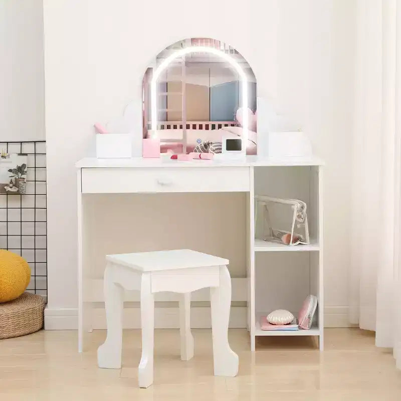 Toeletta per bambini con specchio, tavolo da trucco da principessa con sgabello, cassetto, mensole e scomparti, tavolino da toeletta in legno per bambine