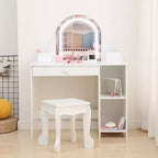 Toeletta per bambini con specchio, tavolo da trucco da principessa con sgabello, cassetto, mensole e scomparti, tavolino da toeletta in legno per bambine
