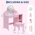 Toeletta per bambini con specchio, tavolo da trucco da principessa con sgabello, cassetto, mensole e scomparti, tavolino da toeletta in legno per bambine