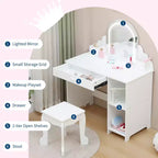 Toeletta per bambini con specchio, tavolo da trucco da principessa con sgabello, cassetto, mensole e scomparti, tavolino da toeletta in legno per bambine