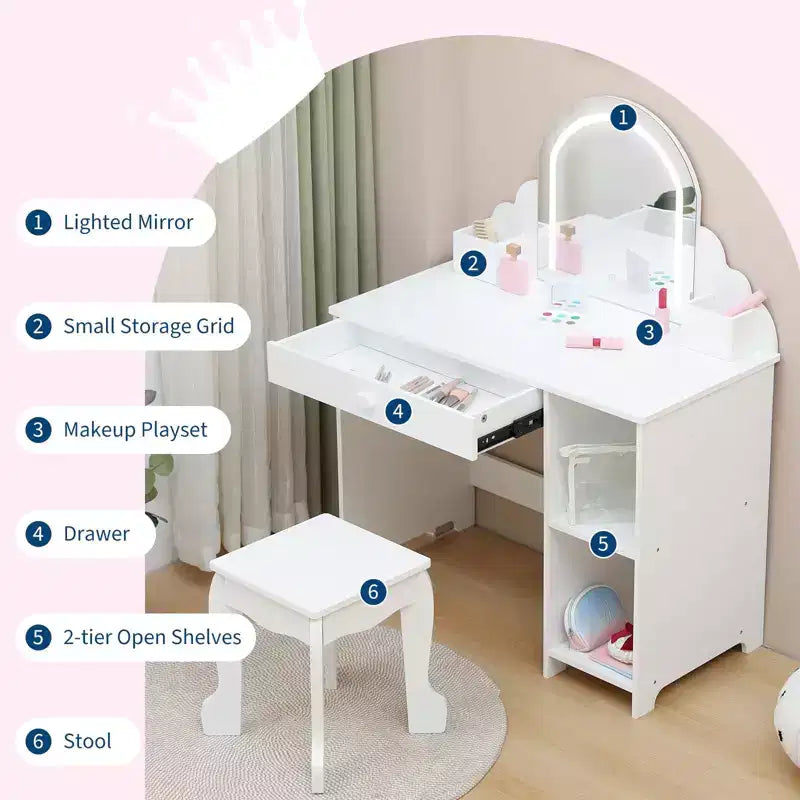 Toeletta per bambini con specchio, tavolo da trucco da principessa con sgabello, cassetto, mensole e scomparti, tavolino da toeletta in legno per bambine