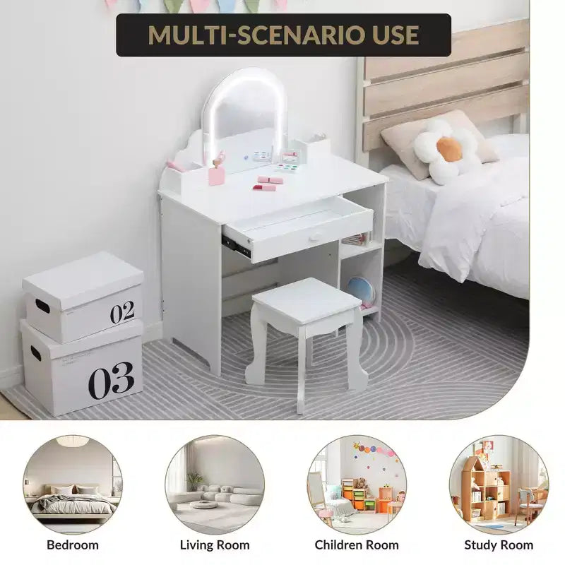 Toeletta per bambini con specchio, tavolo da trucco da principessa con sgabello, cassetto, mensole e scomparti, tavolino da toeletta in legno per bambine