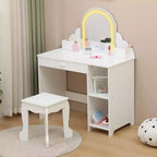 Toeletta per bambini con specchio, tavolo da trucco da principessa con sgabello, cassetto, mensole e scomparti, tavolino da toeletta in legno per bambine