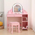 Toeletta per bambini con specchio, tavolo da trucco da principessa con sgabello, cassetto, mensole e scomparti, tavolino da toeletta in legno per bambine