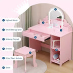 Toeletta per bambini con specchio, tavolo da trucco da principessa con sgabello, cassetto, mensole e scomparti, tavolino da toeletta in legno per bambine