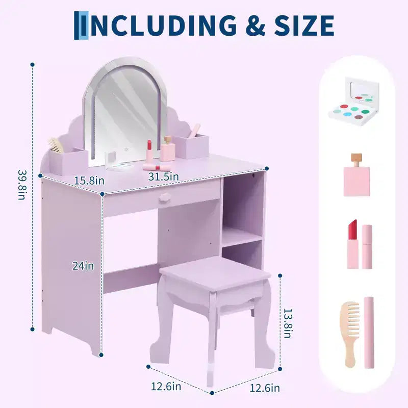 Toeletta per bambini con specchio, tavolo da trucco da principessa con sgabello, cassetto, mensole e scomparti, tavolino da toeletta in legno per bambine