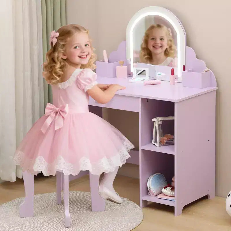 Toeletta per bambini con specchio, tavolo da trucco da principessa con sgabello, cassetto, mensole e scomparti, tavolino da toeletta in legno per bambine