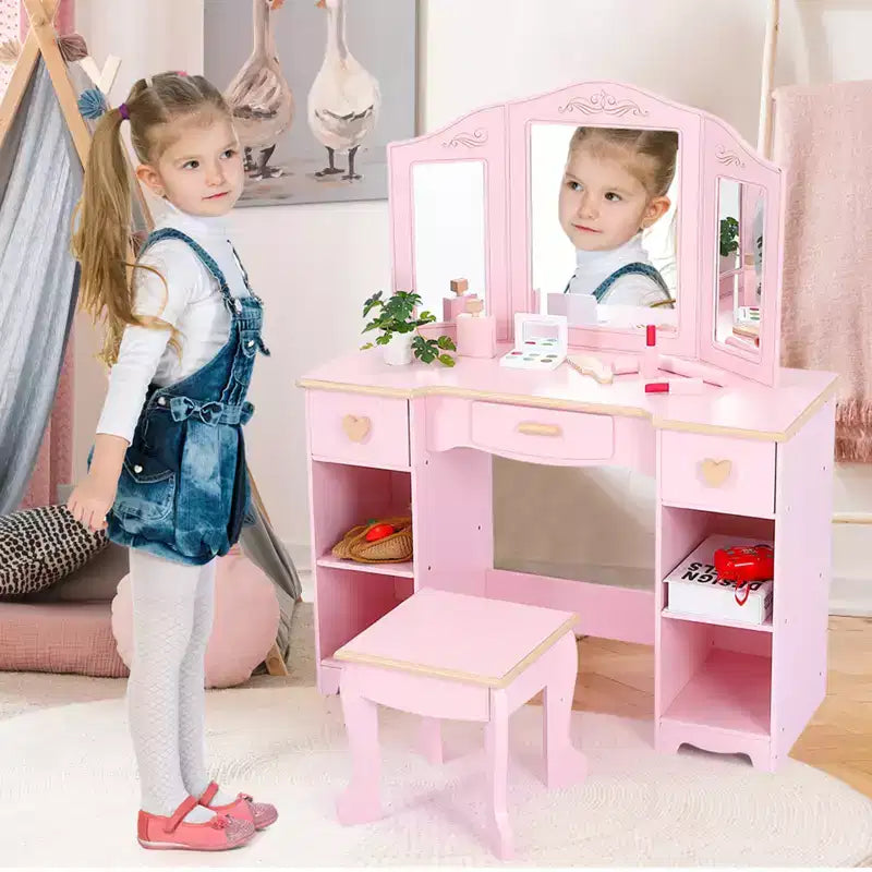 Toeletta per il trucco in legno con 3 cassetti e specchio, adatta a bambini dai 3 ai 9 anni