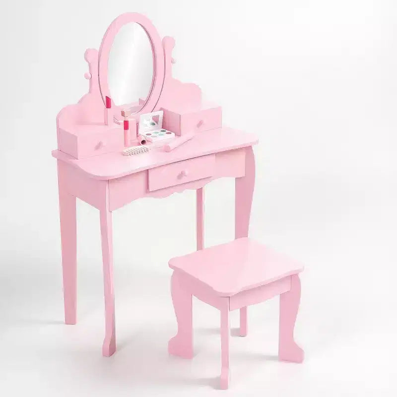 Toeletta Rosa per Bambine, Tavolino Trucco in Legno con Specchio Regolabile e Sgabello, Set da Gioco per Travestimenti per Bambine dai 4 ai 9 Anni