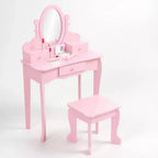 Toeletta Rosa per Bambine, Tavolino Trucco in Legno con Specchio Regolabile e Sgabello, Set da Gioco per Travestimenti per Bambine dai 4 ai 9 Anni