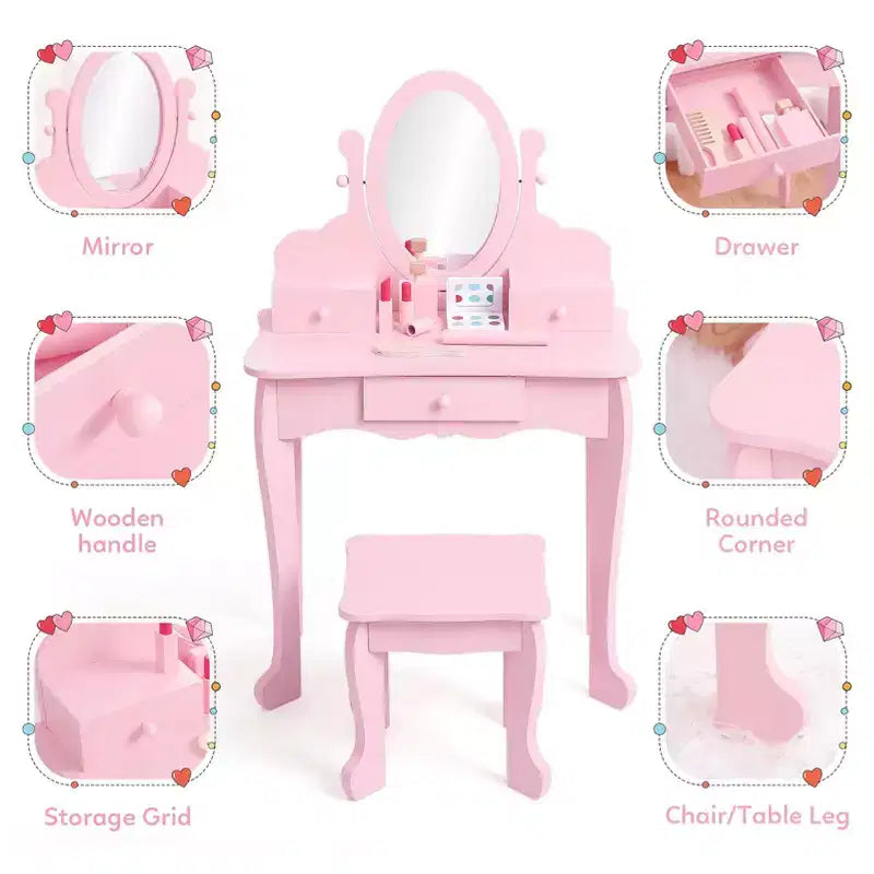 Toeletta Rosa per Bambine, Tavolino Trucco in Legno con Specchio Regolabile e Sgabello, Set da Gioco per Travestimenti per Bambine dai 4 ai 9 Anni