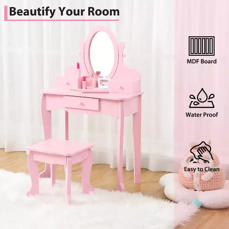 Toeletta Rosa per Bambine, Tavolino Trucco in Legno con Specchio Regolabile e Sgabello, Set da Gioco per Travestimenti per Bambine dai 4 ai 9 Anni