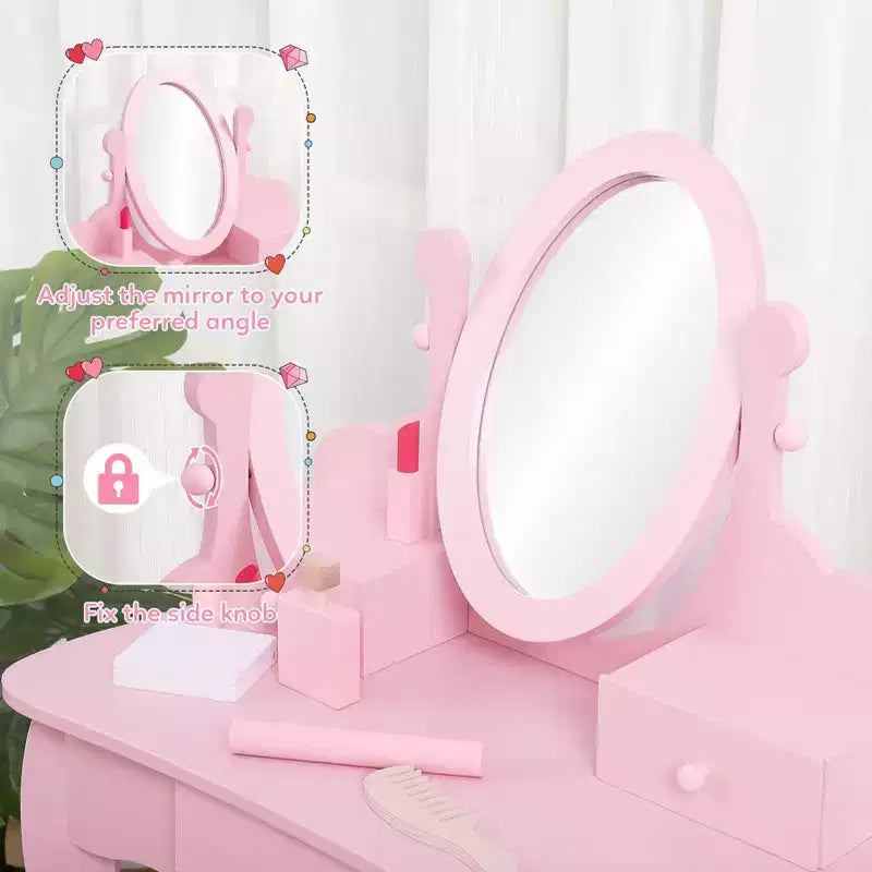 Toeletta Rosa per Bambine, Tavolino Trucco in Legno con Specchio Regolabile e Sgabello, Set da Gioco per Travestimenti per Bambine dai 4 ai 9 Anni