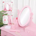 Toeletta Rosa per Bambine, Tavolino Trucco in Legno con Specchio Regolabile e Sgabello, Set da Gioco per Travestimenti per Bambine dai 4 ai 9 Anni